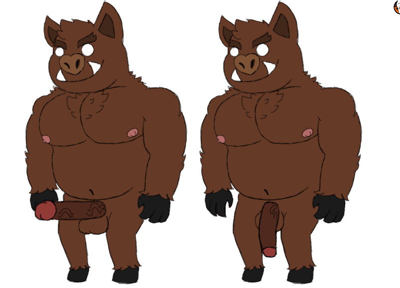 2017 4_fingers anthro balls belly biped black_hooves boar brown_balls brown_fur brown_nose brown_penis charmcharmcharm chest_tuft claws darkened_genitals digital_drawing_(artwork) digital_media_(artwork) digitigrade don't_starve erection flaccid front_view full-length_portrait fur glans hairy head_tuft hooves humanoid_penis male mammal multiple_versions musclegut muscular muscular_male navel nipples no_pupils nude overweight overweight_male pecs penis pig_man_(don't_starve) pig_nose pink_nipples porcine portrait simple_background smile solo standing tuft tusks vein veiny_penis video_games were werepig white_background white_eyes