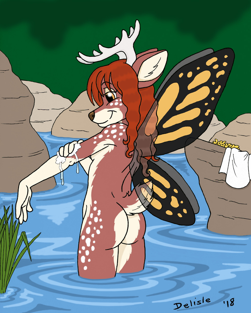 2018 anthro antlers bathing breasts butt butterfly_wings cervine delisle fairy female horn mammal nude partially_submerged rear_view solo willow_(jonas) wings