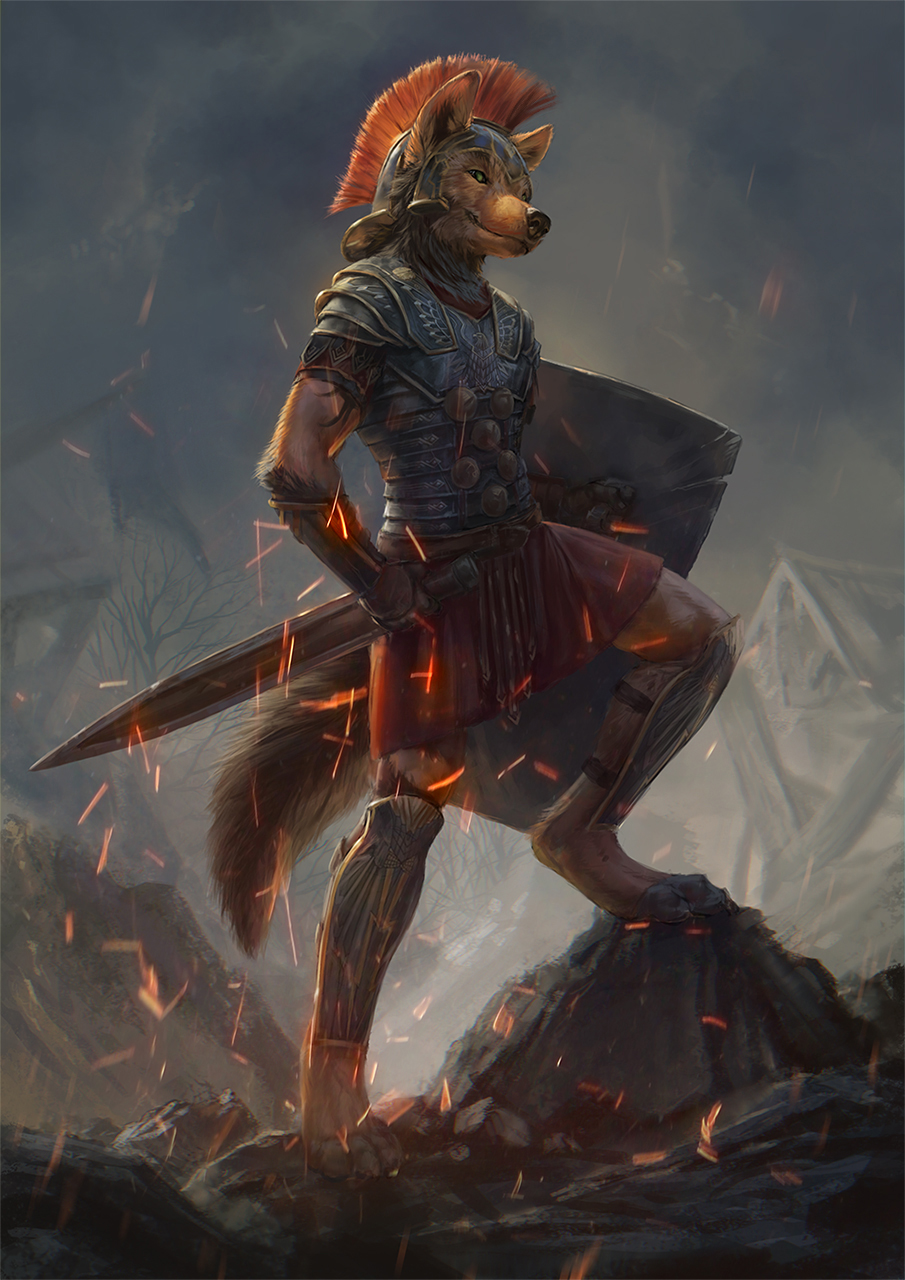 2018 anthro black_nose canine clothed clothing conditional_dnp day detailed_background digital_media_(artwork) digitigrade fur holding_object holding_weapon latex_(artist) male mammal melee_weapon outside sky solo standing sword tan_fur weapon wolf