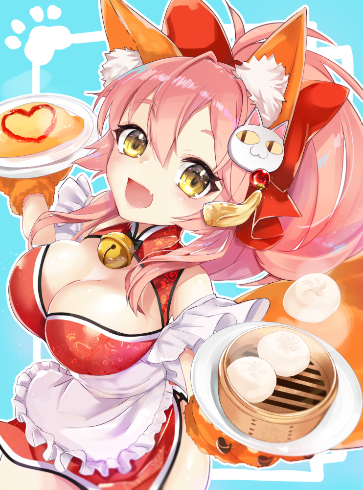 animal_ear_fluff animal_ears apron bare_shoulders bell bell_collar breasts cat_hair_ornament cat_paws china_dress chinese_clothes chinese_food cleavage_cutout collar collarbone dress fangs fate/grand_order fate_(series) food fox_ears fox_tail gloves hair_ornament hair_ribbon jingle_bell large_breasts long_hair looking_at_viewer maid maid_headdress naked_apron nekomiya_noru_(yuduki710) omelet open_mouth paw_gloves paws pink_hair ponytail red_ribbon ribbon solo tail tamamo_(fate)_(all) tamamo_cat_(fate)