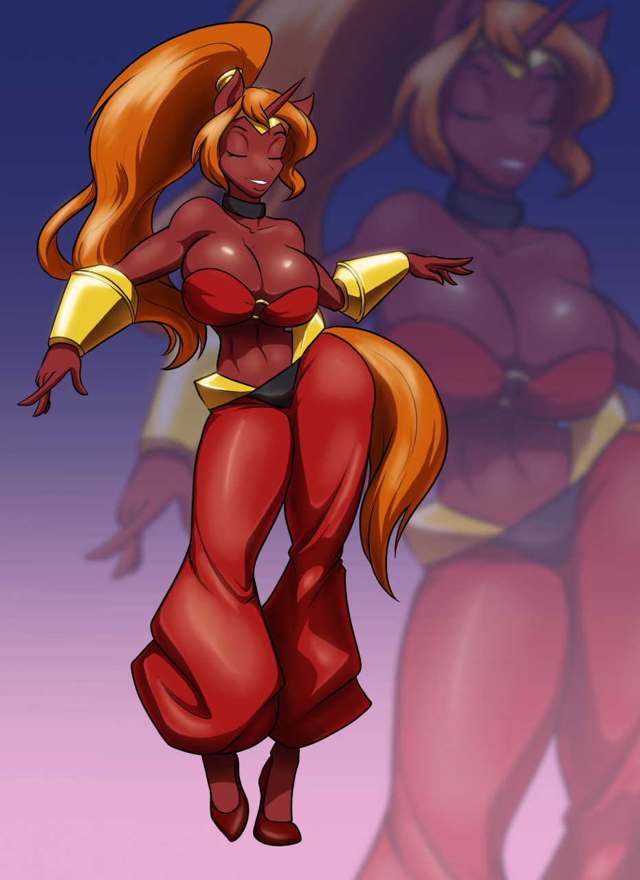2018 anthro bare_shoulders belly_dancer big_breasts breasts cleavage clothed clothing collar cosplay dancing equine eyes_closed footwear full_body hair high_heels horn long_hair mammal midriff orange_hair orange_tail pants ponytail red_skin red_topwear shantae_(series) shoes simple_background smile standing toughset unicorn wrist_guards