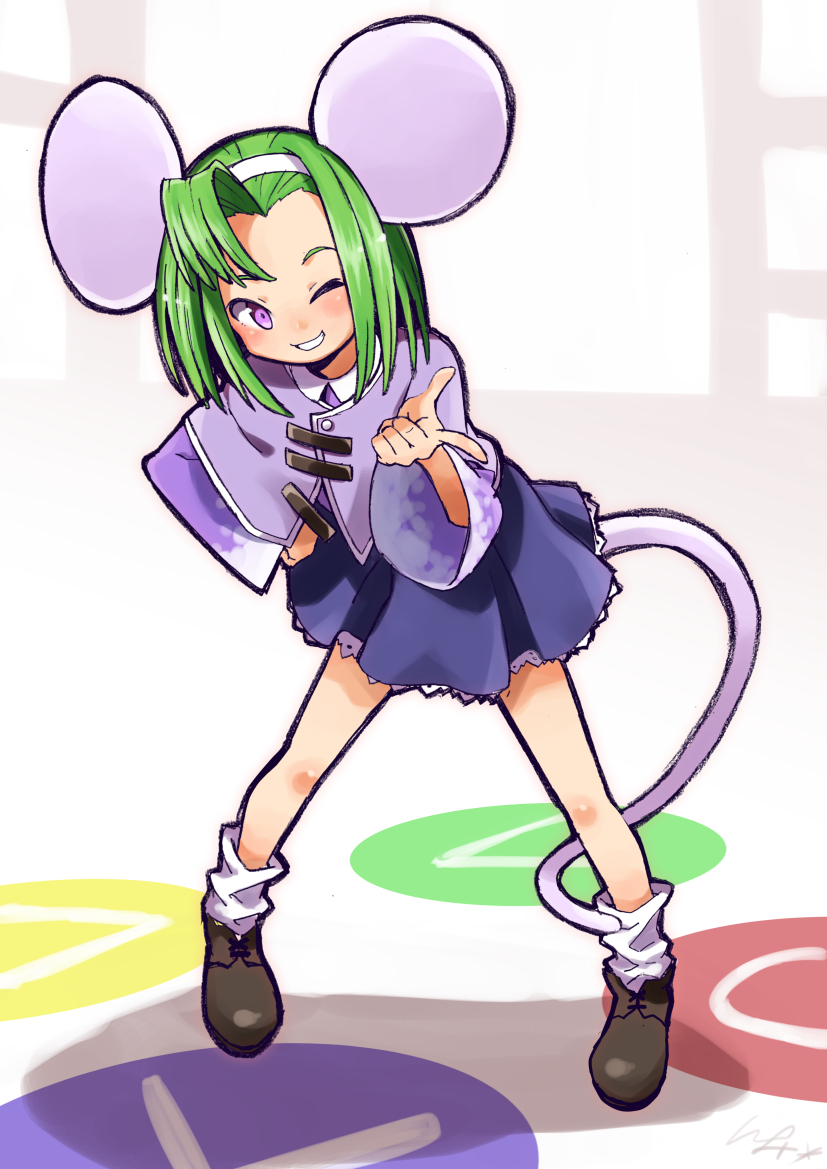 ;) animal_ears bent_over black_footwear brave_fencer_musashiden capelet circle collared_shirt full_body green_hair hairband hand_on_hip index_finger_raised io_naomichi legs_apart long_sleeves loose_socks mouse_ears mouse_girl mouse_tail one_eye_closed purple_capelet purple_eyes purple_shirt shirt shoes short_hair single_hair_intake smile solo square standing tail topo_(musashiden) triangle white_hairband white_legwear wide_sleeves
