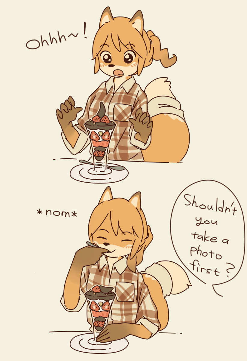 anthro black_eyes black_nose canine clothed clothing dessert eating english_text eyes_closed female flannel_shirt food fox fur hair kemono mammal open_mouth orange_fur orange_hair parfait_(dessert) plate s1120411 shirt simple_background smile solo speech_bubble spoon tail_wraps tan_fur text white_background wide_eyed wraps