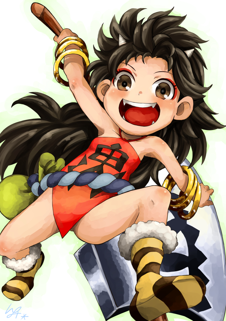 :d axe bare_shoulders black_hair blush boots bracelet brown_eyes collarbone commentary_request dudou eyelashes eyeliner fangs flat_chest holding holding_axe holding_weapon horizontal_stripes horns io_naomichi jewelry long_hair makeup oboro_muramasa oni oni_horns open_mouth rajaki_(oboro_muramasa) rope shimenawa smile solo striped striped_footwear teeth tongue very_long_hair weapon