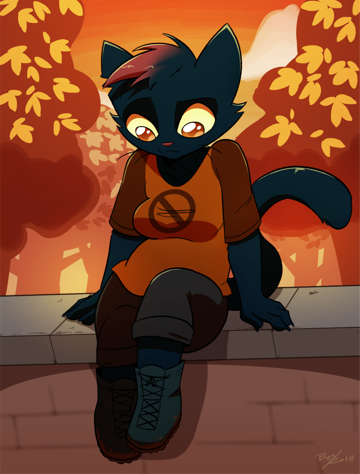 autumn bexcanary black_fur boots breasts clothing cloud dyed_fur eyelashed feline female footwear forest fur leaves looking_down mae_(nitw) mammal night_in_the_woods notched_ear null_symbol orange_irises pink_nose red_irises redfur resting sitting slightly_chubby solo tree tuft