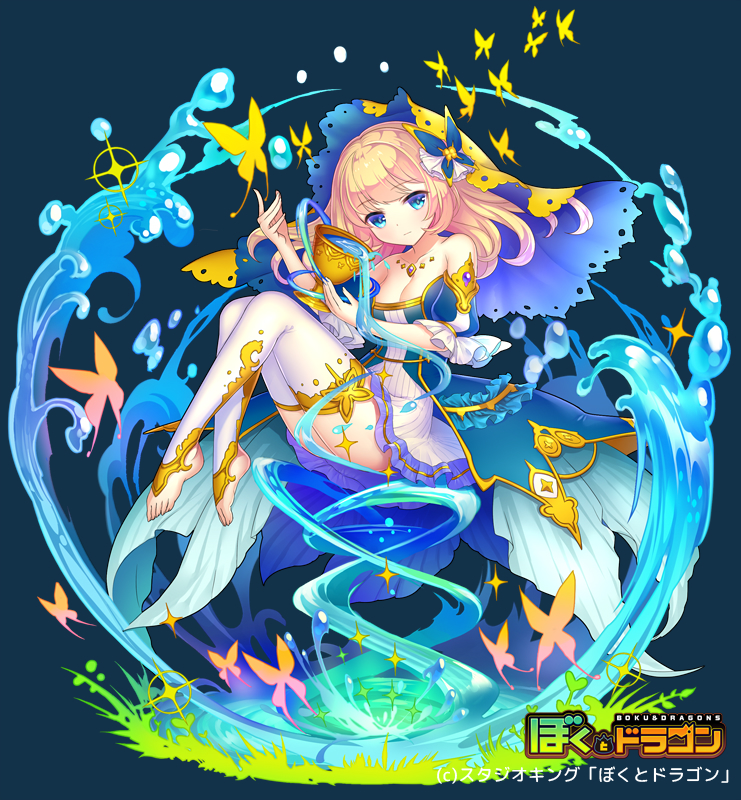 1girl bare_shoulders blonde_hair blue_background blue_eyes bokutodragon breasts bug butterfly butterfly_hair_ornament chalice detached_sleeves dress fantasy full_body hair_ornament insect long_hair looking_at_viewer medium_breasts official_art patori puffy_short_sleeves puffy_sleeves short_sleeves simple_background sitting solo water watermark white_legwear