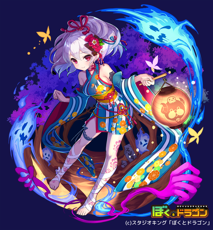 1girl bandage bandaged_leg bandages bare_shoulders blue_background bokutodragon breasts bug butterfly detached_sleeves fantasy floral_print flower full_body ghost hair_flower hair_ornament hair_ribbon hands insect japanese_clothes kimono lantern leg_tattoo looking_at_viewer medium_breasts official_art patori red_ribbon ribbon simple_background solo standing tattoo thigh_strap watermark white_hair wide_sleeves