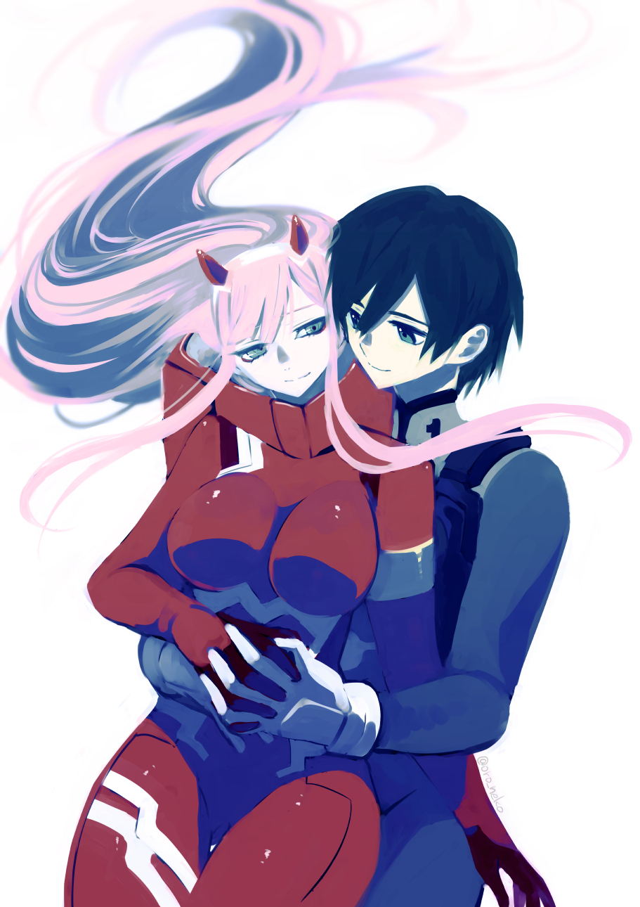 1girl bangs black_bodysuit black_hair blue_eyes bodysuit breasts commentary couple darling_in_the_franxx floating_hair gloves green_eyes hair_ornament hairband hand_on_another's_stomach hetero highres hiro_(darling_in_the_franxx) holding_hands horns hug hug_from_behind interlocked_fingers long_hair looking_at_another medium_breasts oni_horns oroneko pilot_suit pink_hair red_bodysuit red_eyes red_horns white_gloves white_hairband zero_two_(darling_in_the_franxx)