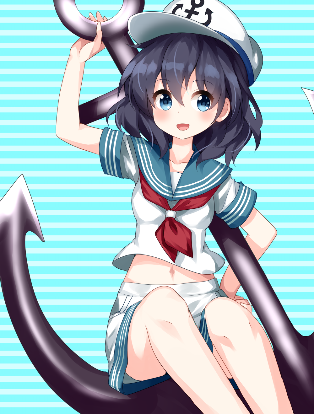 anchor anchor_symbol arm_up black_hair blue_background blue_eyes blush breasts collarbone commentary_request eyebrows_visible_through_hair feet_out_of_frame hair_between_eyes hand_on_hip hat highres horizontal-striped_background looking_at_viewer medium_breasts midriff murasa_minamitsu navel open_mouth peaked_cap red_neckwear ruu_(tksymkw) sailor_collar sailor_hat shirt short_hair short_sleeves sitting skirt smile solo touhou white_shirt white_skirt
