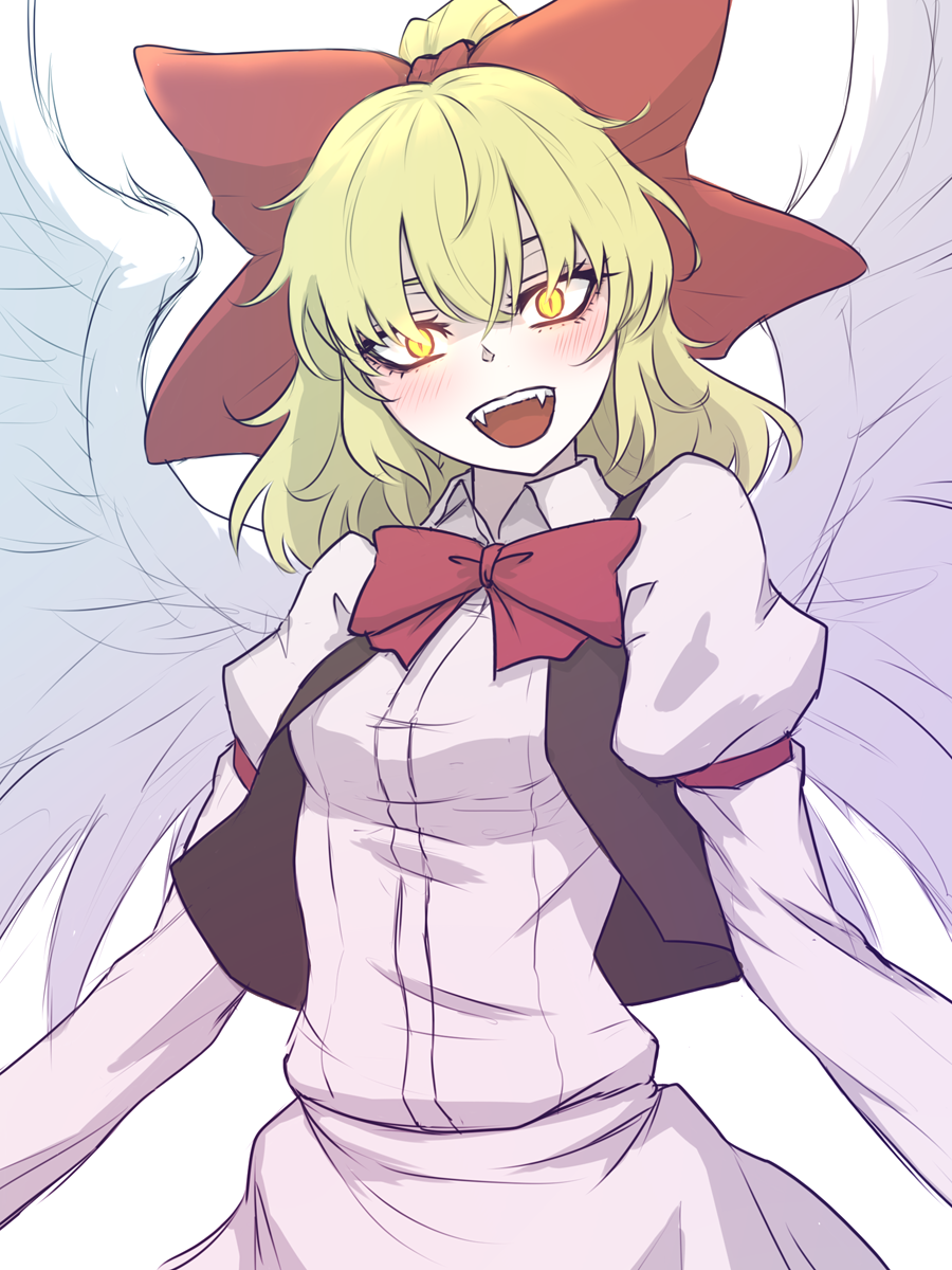 :d blonde_hair blush bow bowtie breasts brown_vest commentary dress fangs feathered_wings gengetsu glowing glowing_eyes hair_bow head_tilt highres juliet_sleeves long_sleeves medium_breasts medium_hair miata_(miata8674) open_mouth puffy_sleeves red_bow red_neckwear simple_background slit_pupils smile solo standing touhou touhou_(pc-98) upper_body vest white_background white_dress white_wings wing_collar wings yellow_eyes