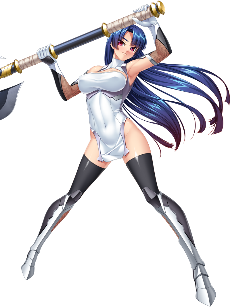 00s 1girl axe bare_shoulders battle_axe black_legwear blue_hair bodysuit boots breasts cleavage covered_navel curvy dress elbow_gloves female full_body gloves highres holding holding_weapon huge_weapon kagami_hirotaka large_breasts lilith-soft long_hair looking_at_viewer no_bra pelvic_curtain pink_eyes ponytail red_eyes shiny shiny_skin short_dress simple_background smile solo standing taimanin_(series) taimanin_asagi taimanin_asagi_battle_arena taimanin_asagi_zero taimanin_murasaki thighhighs underwear weapon yatsu_murasaki