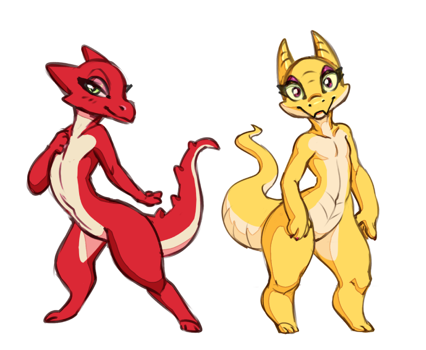 2018 3_toes 4_fingers ambiguous_gender anthro blush claws digital_media_(artwork) duo horn kobold lizard looking_at_viewer nude pink_eyes red_claws red_scales reptile scales scalie simple_background smile sorcerushorserus spiked_tail standing toes white_background yellow_eyes yellow_scales