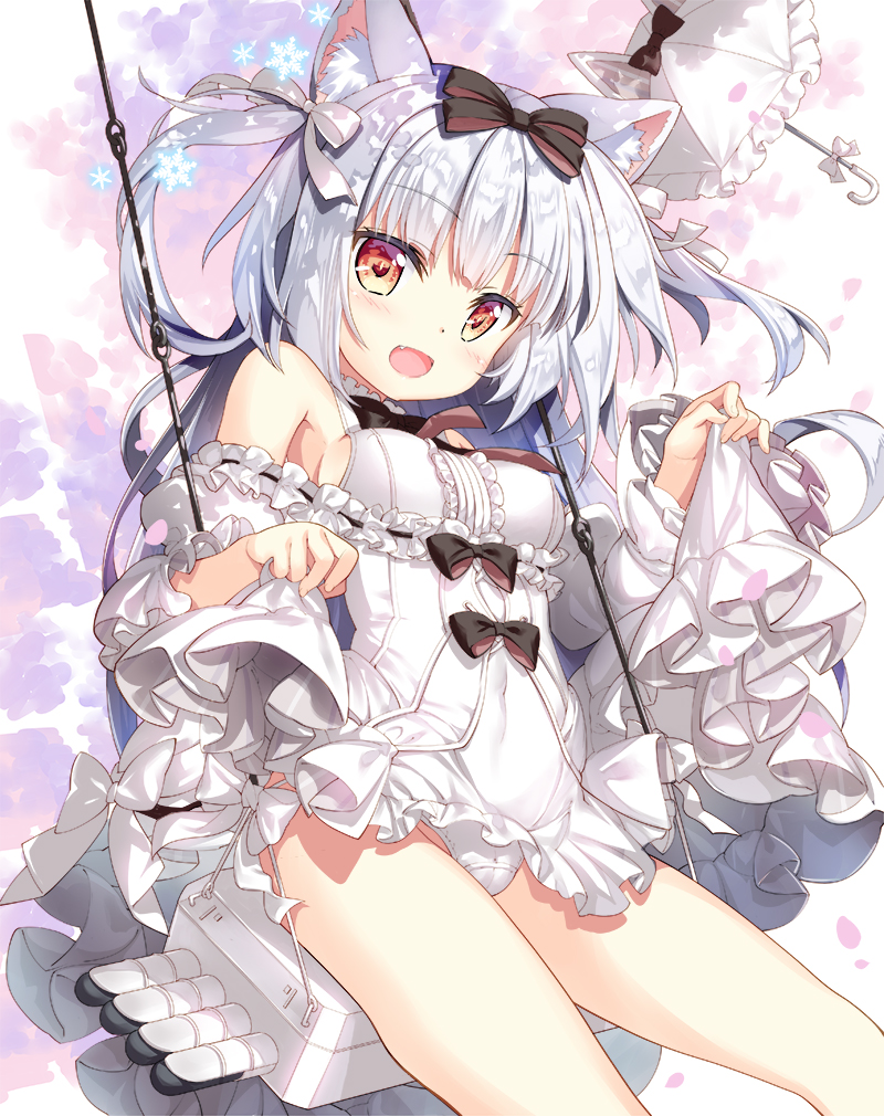 :d animal_ears azur_lane bangs bare_shoulders black_bow blush bow breasts brown_eyes cat_ears center_frills commentary_request covered_navel dress eyebrows_visible_through_hair fang fingernails frilled_umbrella frills fujima_takuya hair_bow long_hair long_sleeves looking_at_viewer medium_breasts off-shoulder_dress off_shoulder open_mouth panties short_dress silver_hair sitting skirt_hold smile snowflakes solo swing torpedo_launcher two_side_up underwear very_long_hair white_bow white_dress white_panties white_umbrella wide_sleeves yukikaze_(azur_lane)