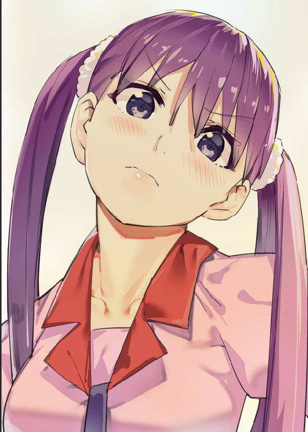 alternate_hairstyle blush closed_mouth cosplay el-zheng eyebrows_visible_through_hair grey_background head_tilt looking_at_viewer monogatari_(series) oikura_sodachi oikura_sodachi_(cosplay) owarimonogatari pink_shirt purple_eyes purple_hair senjougahara_hitagi shirt solo twintails upper_body