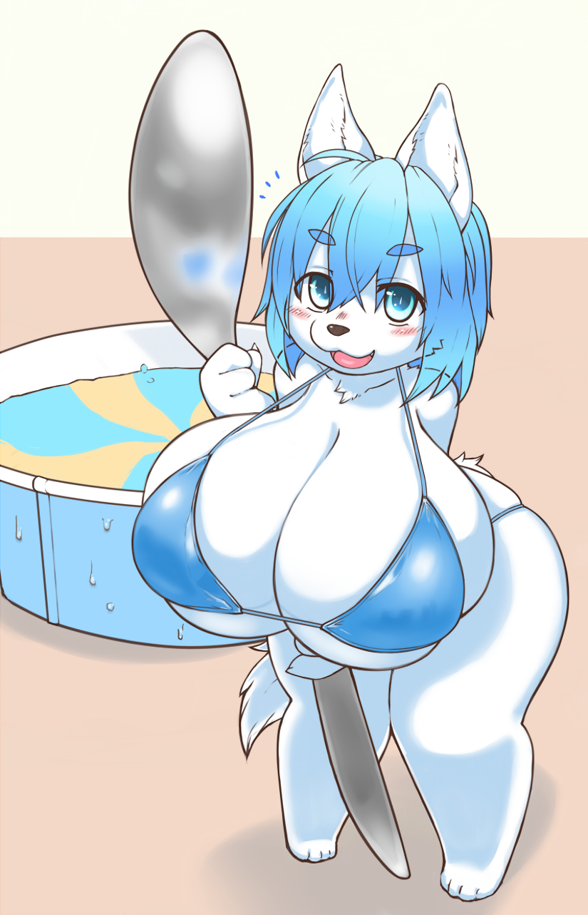 2018 amad_no_moto anthro big_breasts bikini blue_eyes blue_hair blush breasts canine clothing dog female fur hair huge_breasts loli mammal oppai_loli short_stack solo swimsuit young