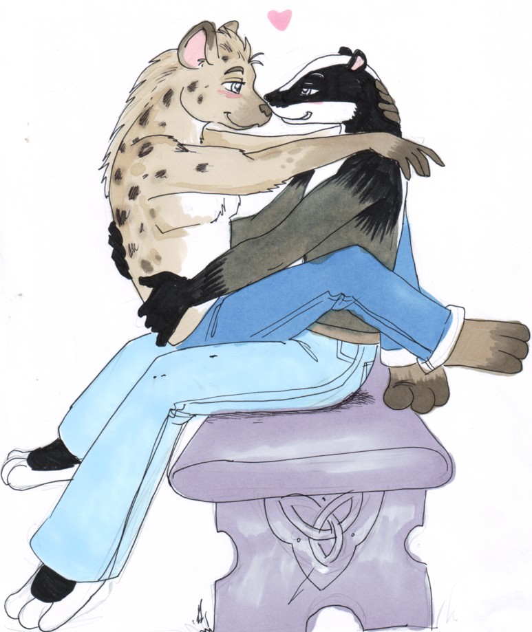 &lt;3 badger bench clothed clothing hug hyaenid male mammal mustelid on_lap romantic_couple simple_background sitting sitting_on_lap sue-chan_(artist) topless white_background