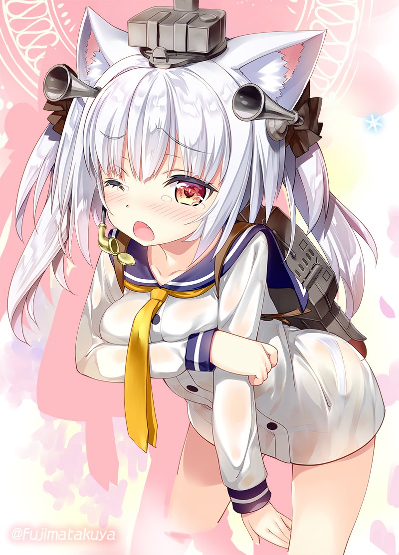 ;o animal_ears ass azur_lane bangs between_legs black_bow blue_sailor_collar blush bow breasts buttons cat_ears collarbone commentary_request cosplay cowboy_shot dress eyebrows eyebrows_visible_through_hair eyelashes fang fujima_takuya furrowed_eyebrows hair_between_eyes hair_bow hair_ornament hair_ribbon hand_between_legs kantai_collection leaning_forward legs_apart long_hair long_sleeves medium_breasts namesake neckerchief nose_blush one_eye_closed open_mouth panties red_eyes ribbon sailor_collar sailor_dress see-through short_dress silhouette silver_hair solo speaking_tube_headset standing tearing_up tears twintails twitter_username underwear wet white_dress white_panties yellow_neckwear yellow_pupils yukikaze_(azur_lane) yukikaze_(kantai_collection) yukikaze_(kantai_collection)_(cosplay)