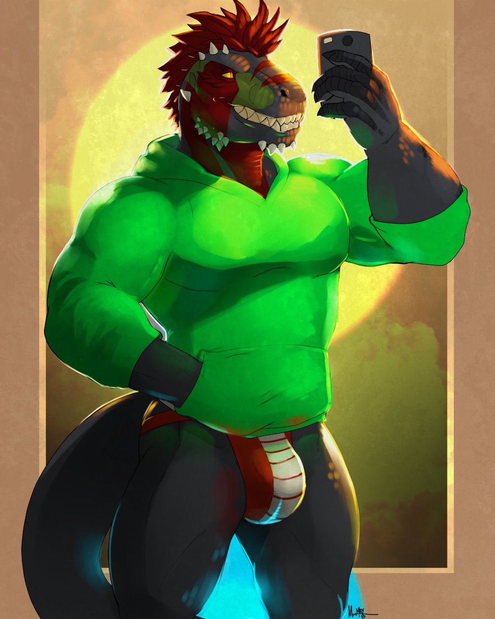 2018 anthro bulge cellphone claws clothed clothing dinosaur dwalker feathers green_scales green_sweater grey_scales grin hand_in_pocket jockstrap male muscular muscular_male partially_clothed phone presenting red_feathers red_scales scales selfie showing_teeth simple_background smile solo spines standing sweater tagg teeth theropod tyrannosaurus_rex underwear yellow_eyes