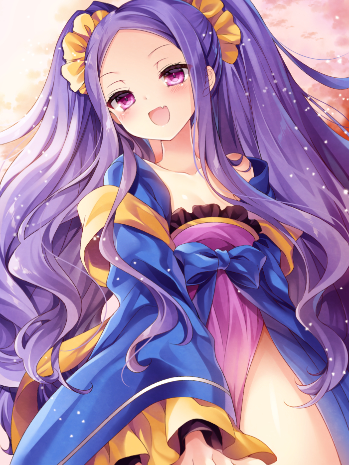 :d bangs bare_shoulders blue_bow blush bow chinese_clothes collarbone commentary_request dress dutch_angle fang fate/grand_order fate_(series) forehead frills hanfu long_hair long_sleeves nogi_takayoshi off_shoulder open_mouth parted_bangs pelvic_curtain purple_dress purple_eyes purple_hair sidelocks smile solo strapless strapless_dress two_side_up very_long_hair wide_sleeves wu_zetian_(fate/grand_order)