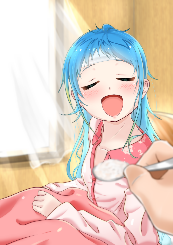 blue_hair blush closed_eyes commentary eyebrows_visible_through_hair feeding food hair_between_eyes holding holding_spoon indoors kantai_collection long_hair looking_at_viewer messy_hair night_clothes open_mouth pajamas pink_clothes pov pov_feeding pov_hands samidare_(kantai_collection) sick sitting spoon under_covers yokoshima_(euphoria)
