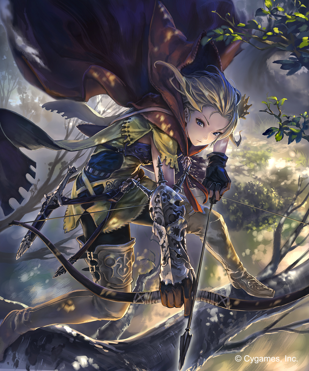 aiming armor arrow black_pants blue_eyes boots bow_(weapon) breastplate brown_footwear brown_gloves cape day drawing_bow fingerless_gloves forest gloves green_hair highres hisakata_souji holding holding_arrow holding_bow_(weapon) holding_weapon in_tree knife left-handed nature outdoors pants red_cape sheath sheathed shingeki_no_bahamut solo standing thigh_boots thighhighs tree weapon