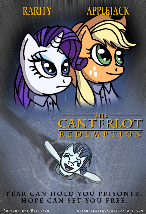 applejack_(mlp) clothing cowboy_hat crossover earth_pony english_text equine female freckles friendship_is_magic hat horn horse mammal movie_poster my_little_pony niban-destikim parody pony raining rarity_(mlp) river text the_shawshank_redemption unicorn