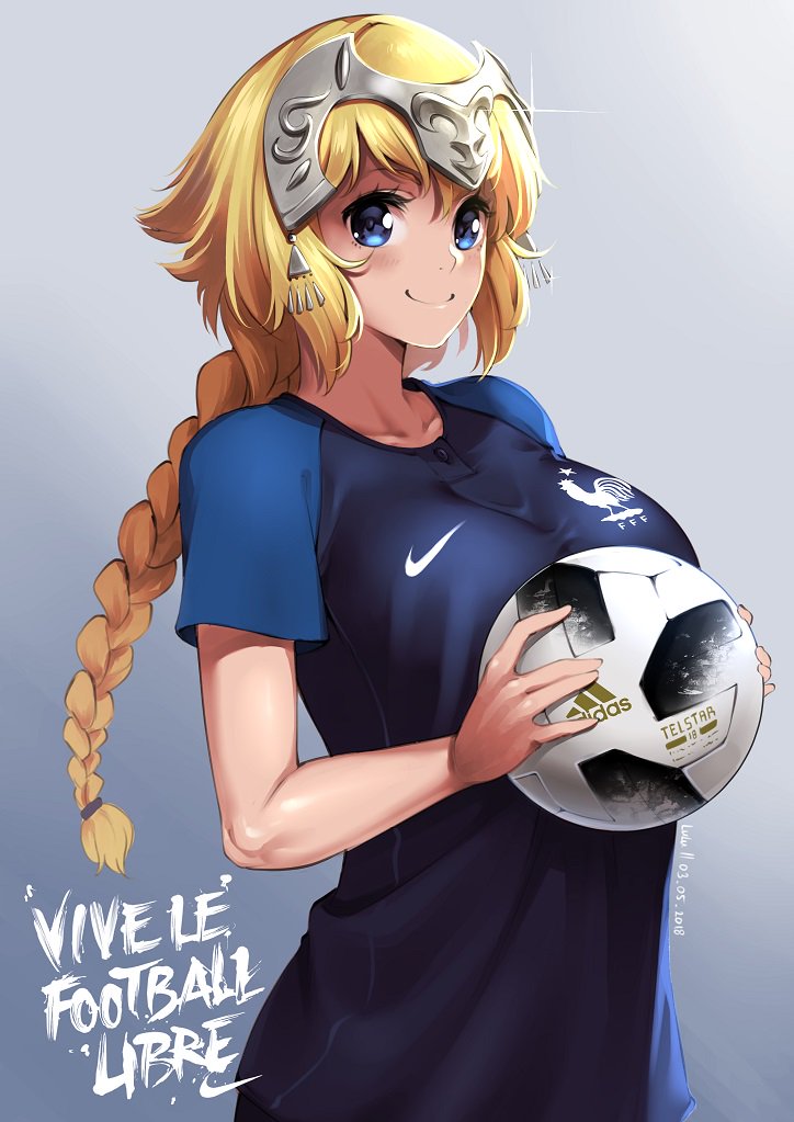 2018_fifa_world_cup adidas alternate_costume ball blonde_hair blue_eyes blue_shirt braid breasts collar collarbone commentary fate/apocrypha fate_(series) france headpiece jeanne_d'arc_(fate) jeanne_d'arc_(fate)_(all) jersey large_breasts long_braid long_hair lulu-chan92 nike shiny shirt short_sleeves single_braid smile soccer soccer_ball soccer_uniform sportswear t-shirt telstar_18 translated world_cup