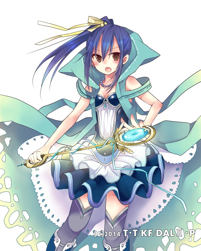 aqua_cape bangs blue_dress blue_footwear blue_hair blush breasts brown_eyes cleavage date_a_live dress eyebrows_visible_through_hair floating_hair grey_legwear hair_between_eyes hair_ribbon hibiki_mio holding holding_staff hood jewelry layered_dress long_hair magical_girl necklace open_mouth ribbon short_dress side_ponytail sleeveless sleeveless_dress small_breasts smile solo staff standing strapless strapless_dress takamiya_mana thighhighs white_background yellow_ribbon