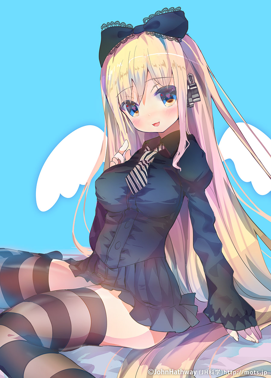 :3 :d bangs black_bow black_dress blonde_hair blue_background blue_eyes blush bow breasts comiket commentary_request diagonal_stripes dress eyebrows_visible_through_hair fingernails hair_between_eyes hair_bow hair_ornament hand_up head_tilt heart heart-shaped_pupils highres john_hathway juliet_sleeves lace-trimmed_bow lace_trim long_hair long_sleeves looking_at_viewer medium_breasts necktie no_shoes open_mouth original pleated_dress puffy_sleeves short_necktie sitting sleeves_past_wrists smile solo striped striped_legwear striped_neckwear symbol-shaped_pupils thighhighs very_long_hair wariza white_wings wings