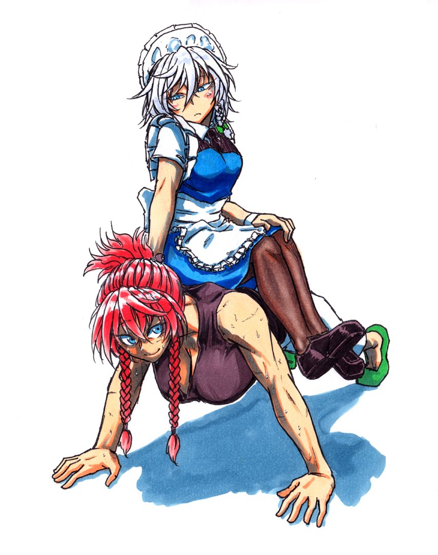 bangs blue_eyes braid breasts commentary_request dress exercise hanging_breasts hong_meiling izayoi_sakuya koyubi_(littlefinger1988) large_breasts long_hair maid maid_apron maid_headdress multiple_girls push-ups red_hair scar short_hair short_sleeves silver_hair sitting sitting_on_person smile sweat touhou twin_braids waist_apron