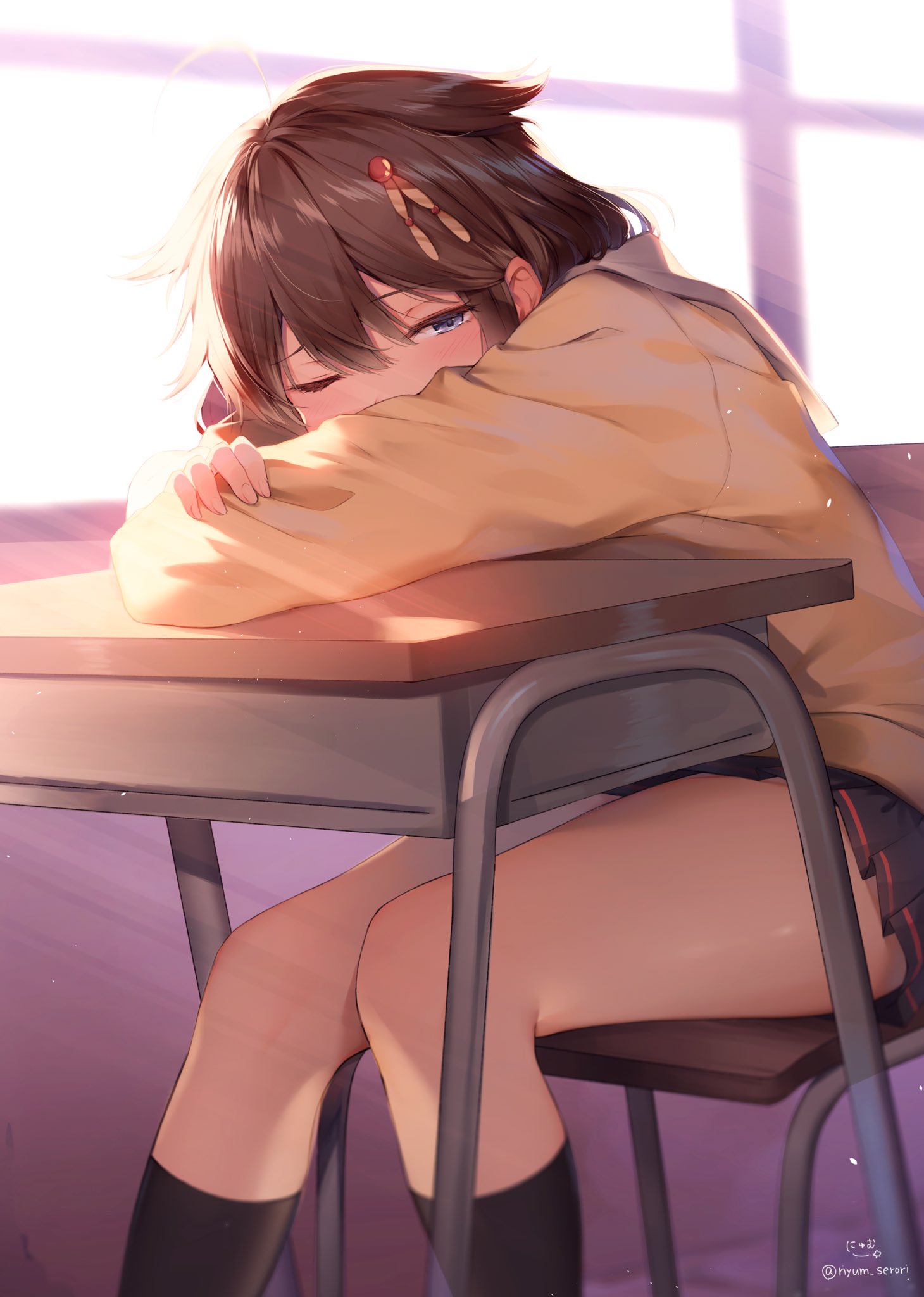 1girl ahoge bangs black_legwear black_skirt blue_eyes blush braid brown_hair classroom covered_mouth desk hair_flaps hair_ornament hair_over_shoulder half-closed_eye head_on_table highres kantai_collection kneehighs knees_together_feet_apart light_particles long_hair looking_at_viewer nyum one_eye_closed pleated_skirt remodel_(kantai_collection) school_uniform serafuku shigure_(kantai_collection) sidelocks signature single_braid sitting skirt solo sunlight sunset sweater thighs twitter_username waking_up window yellow_sweater