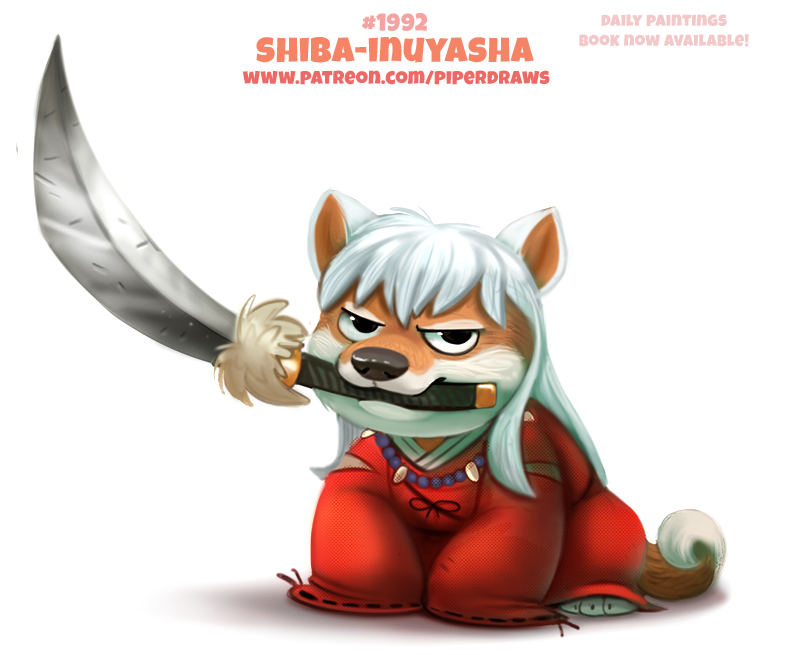 alternate_species black_eyes canine clothed clothing cryptid-creations dog feral fur grumpy hair humor inuyasha inuyasha_(character) mammal melee_weapon pun shiba_inu simple_background solo sword tan_fur weapon white_background white_fur white_hair