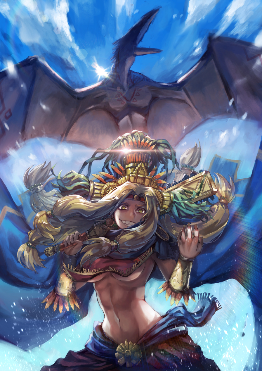 blonde_hair bracer breasts cape day dinosaur fate/grand_order fate_(series) green_eyes headgear highres huamuan_huamuan lens_flare long_hair low-tied_long_hair over_shoulder prehistoric prehistoric_animal pterodactyl quetzalcoatl_(fate/grand_order) quetzalcoatlus sharp_teeth sky sun teeth underboob weapon weapon_over_shoulder