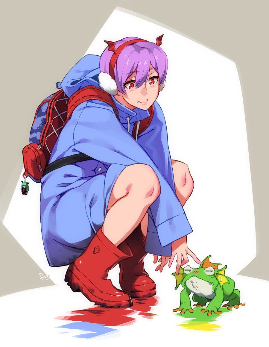 animalization backpack bag boots character_doll charm_(object) commentary earmuffs english_commentary eyebrows_visible_through_hair feguimel frog gallon hood hood_down lavender_hair lilith_aensland morrigan_aensland raincoat red_eyes rubber_boots short_hair smile squatting vampire_(game)