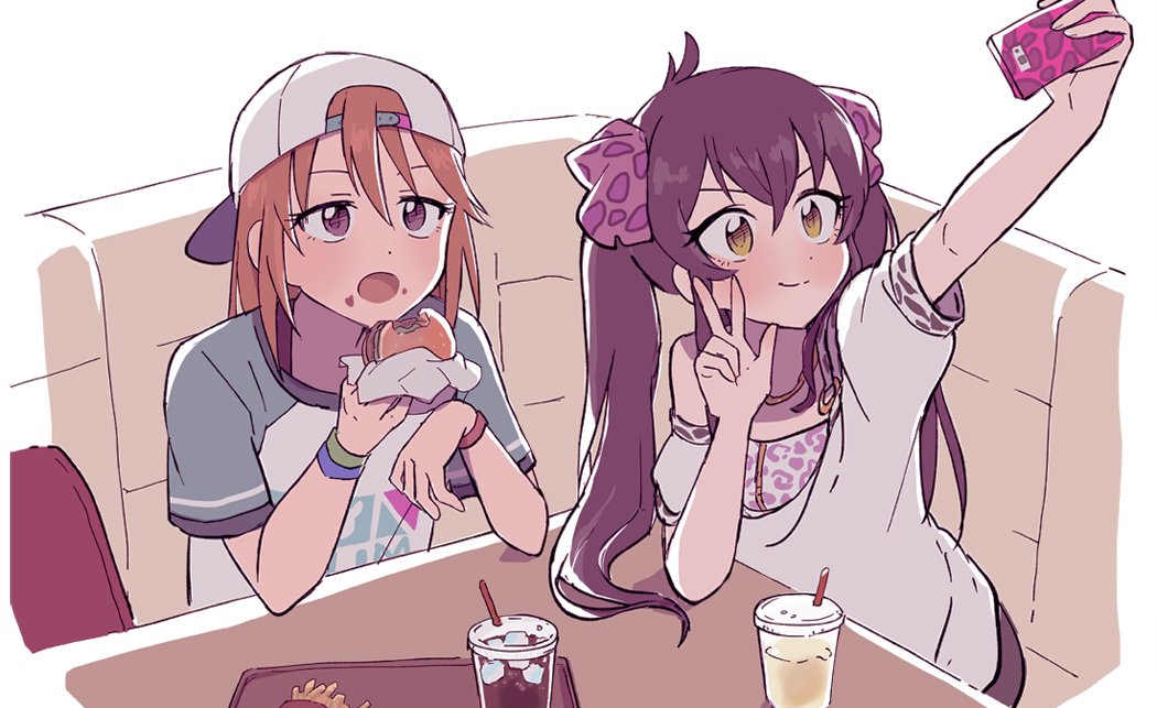 animal_print backwards_hat booth brown_eyes brown_hair cellphone comet_oo commentary_request cup disposable_cup drink drinking_straw eating fast_food flat_color food food_on_face hair_through_headwear hamburger hat holding holding_cellphone holding_food holding_phone ice ice_cube idolmaster idolmaster_cinderella_girls korean_commentary leopard_print matoba_risa multiple_girls muted_color open_mouth orange_hair peaked_cap phone self_shot short_sleeves sitting smartphone smartphone_case smile table tomboy tray twintails v-shaped_eyebrows w wrapper wristband yellow_eyes yuuki_haru