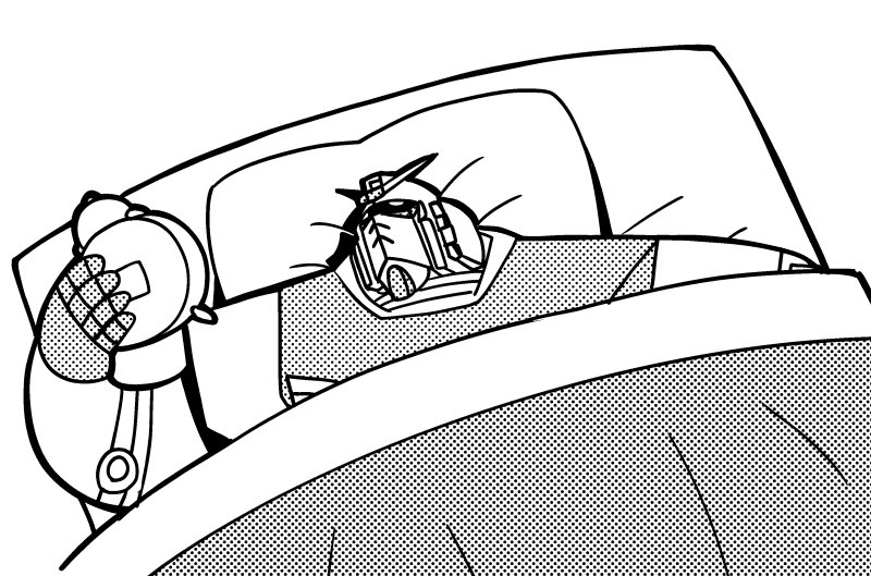 arm_up bkub clock futon greyscale gundam halftone holding looking_at_clock mecha monochrome no_humans pillow quality rx-78-2 simple_background under_covers white_background
