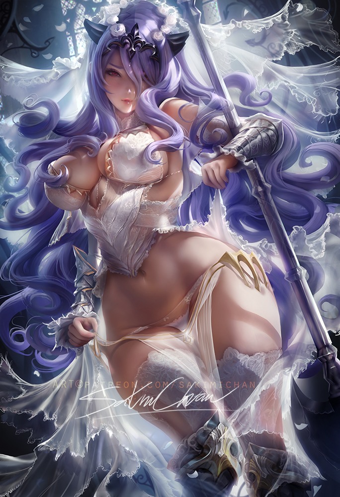 alternate_costume artist_name axe banned_artist breasts bridal_veil camilla_(fire_emblem_if) cleavage commentary curvy detached_sleeves fire_emblem fire_emblem_if flower hair_flower hair_ornament hair_over_one_eye head_wreath large_breasts long_hair looking_at_viewer parted_lips pelvic_curtain petals purple_hair sakimichan signature solo thighhighs tiara toned veil very_long_hair wavy_hair