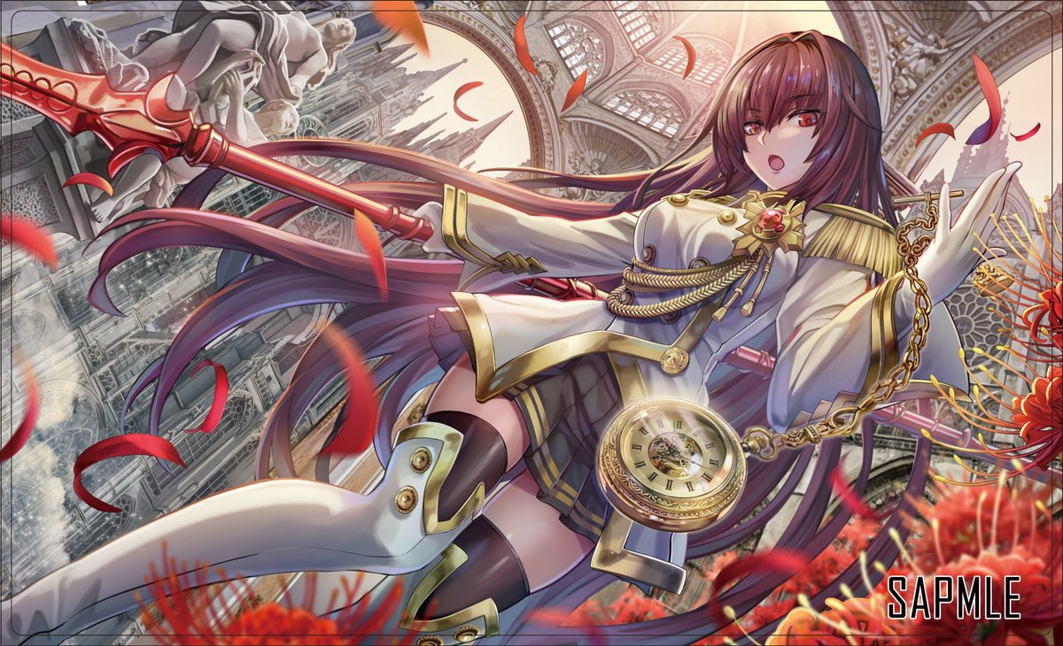 :o arch architecture boots breasts buttons clock clock_tower commentary_request double-breasted epaulettes eyebrows_visible_through_hair fate/grand_order fate_(series) flower gae_bolg gate gloves hair_intakes holding holding_weapon large_breasts long_hair long_sleeves looking_at_viewer military military_uniform open_mouth petals pleated_skirt pocket_watch polearm purple_hair red_eyes sample scathach_(fate)_(all) scathach_(fate/grand_order) skirt spear spider_lily statue thigh_boots thighhighs torino_akua tower uniform very_long_hair watch weapon white_gloves