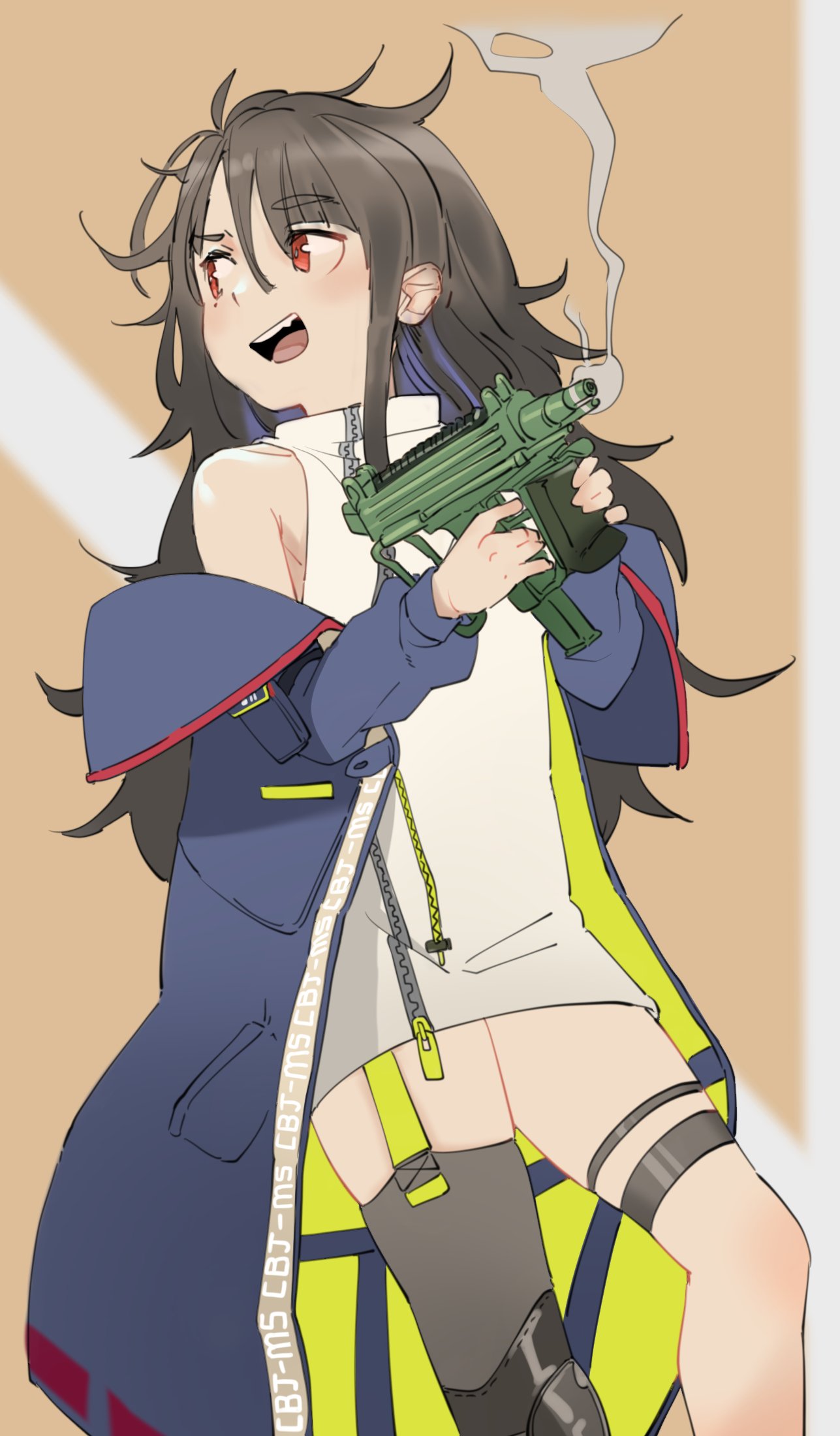 1girl bangs bare_shoulders belt black_hair blush c-ms_(girls_frontline) dress eyebrows_visible_through_hair girls_frontline gun highres holding holding_weapon jacket long_hair messy_hair mole mole_under_eye off_shoulder open_clothes red_eyes sd_bigpie simple_background sleeveless solo submachine_gun thigh_strap thighhighs very_long_hair weapon white_dress