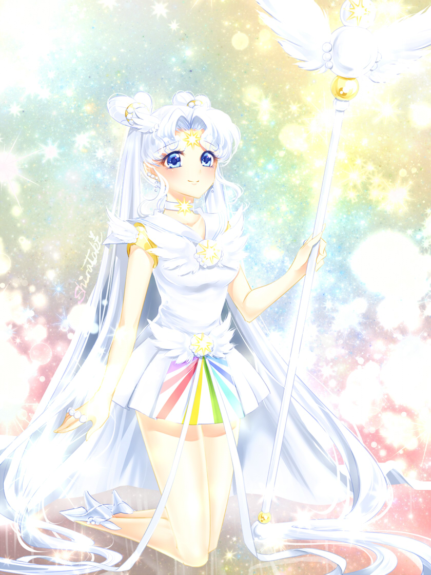 bare_legs bishoujo_senshi_sailor_moon blue_eyes brooch choker closed_mouth double_bun dress facial_mark forehead_mark full_body hair_ornament hairpin high_heels holding holding_staff jewelry kneeling light_particles long_hair magical_girl miniskirt pale_color rainbow_background ribbon ring sailor_collar sailor_cosmos sailor_senshi_uniform shirataki_kaiseki signature skirt smile solo sparkle staff twintails white white_dress white_footwear white_hair white_neckwear white_ribbon white_sailor_collar