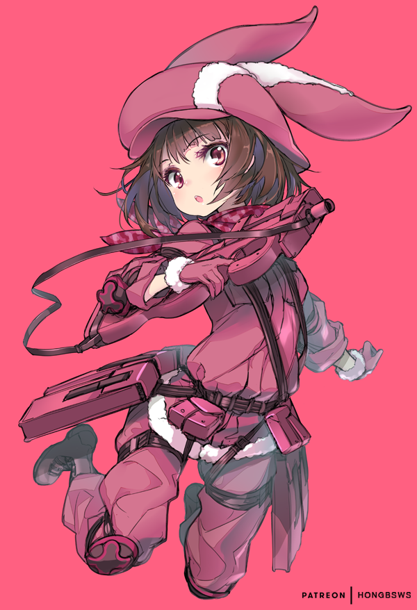 animal_ears animal_hat bangs black_footwear boots brown_hair bullpup bunny_ears bunny_hat commentary_request eyebrows_visible_through_hair fur-trimmed_gloves fur_trim gloves gun hat holding holding_gun holding_weapon hong_(white_spider) jacket llenn_(sao) long_sleeves p-chan_(p-90) p90 pants parted_lips pink_background pink_gloves pink_hat pink_jacket pink_pants red_eyes short_hair simple_background solo submachine_gun sword_art_online sword_art_online_alternative:_gun_gale_online upper_teeth weapon