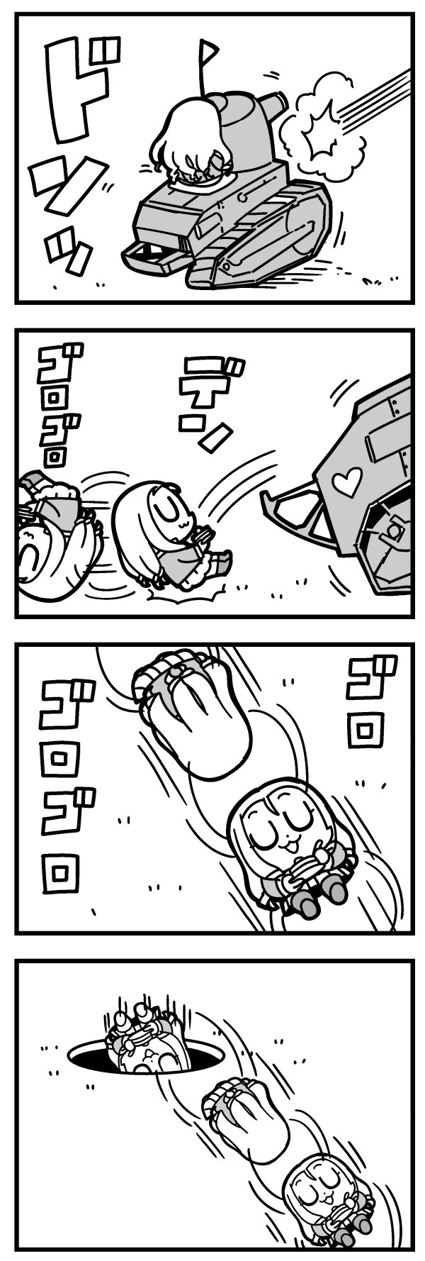 4koma :3 bc_freedom_military_uniform bkub caterpillar_tracks closed_eyes comic firing ft-17 girls_und_panzer greyscale ground_vehicle heart highres hole long_hair marie_(girls_und_panzer) military military_vehicle monochrome motion_lines motor_vehicle open_mouth rolling simple_background skirt solo tank translation_request white_background