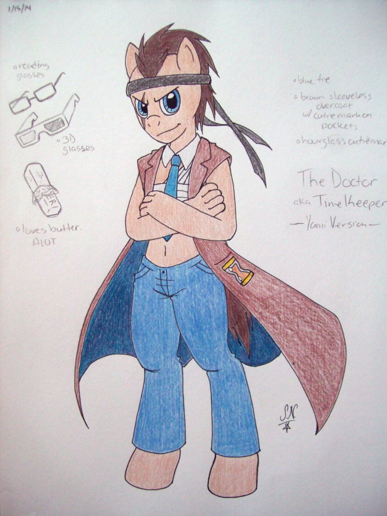 5_fingers anthro barefoot blue_eyes brown_hair butter chest_wraps clothed clothing crossed_arms cutie_mark doctor_who doctor_whooves_(mlp) earth_pony equine eyewear friendship_is_magic front_view fur glasses hair headband horse jeans looking_at_viewer male mammal model_sheet my_little_pony pants pony sangee-13-neuroy scar shirt_collar short_hair simple_background solo standing tan_fur text time_keeper white_background wraps