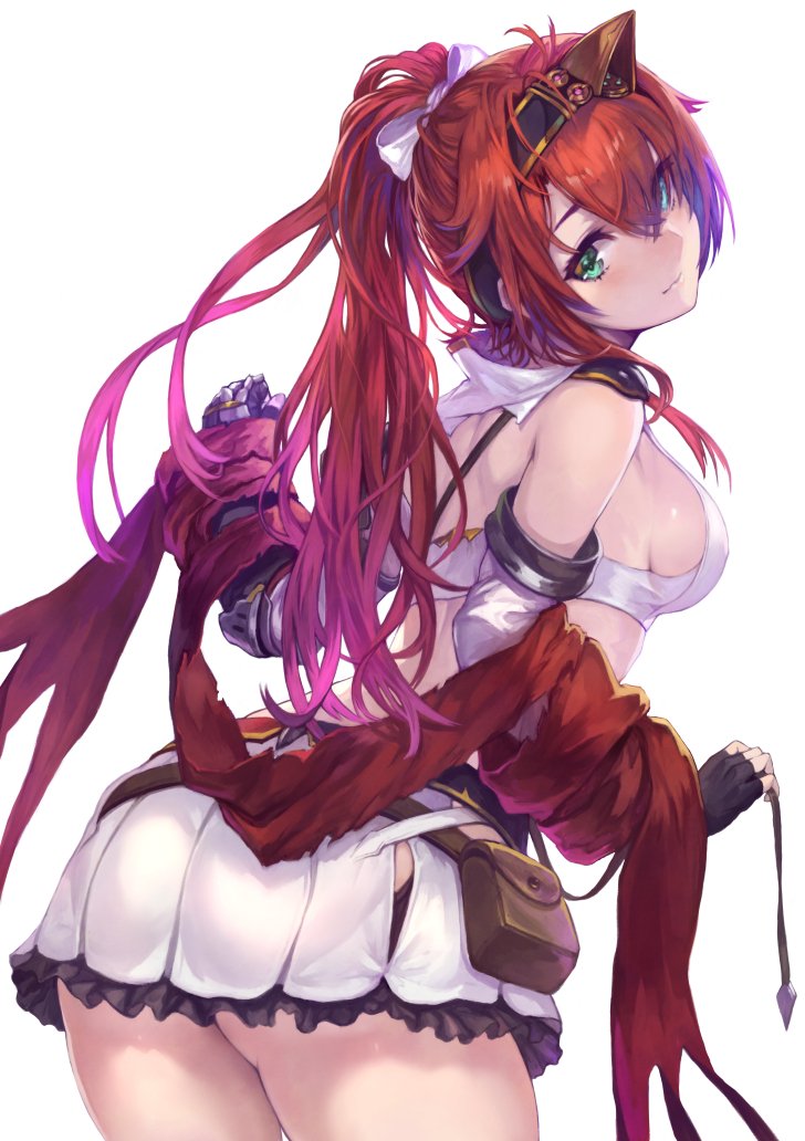 1girl alushe_anatolia arm_guards ass bare_shoulders blue_eyes bow bra breasts commentary_request fingerless_gloves frills from_behind gloves green_eyes hair_between_eyes hairband heterochromia long_hair looking_at_viewer looking_back medium_breasts midriff ponytail pouch red_hair sideboob sidelocks smirk solo thighs underwear white_bow yoru_no_nai_kuni yoru_no_nai_kuni_2 yoshiku_(oden-usagi)