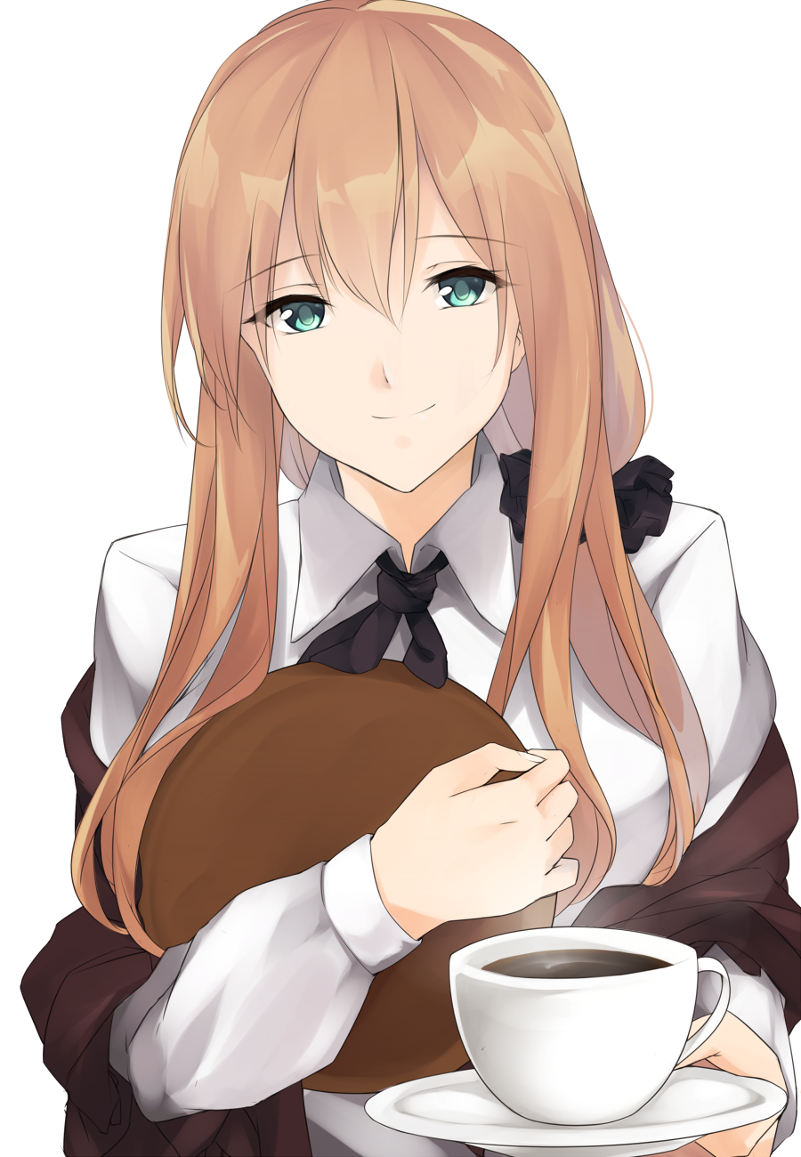 alternate_costume apron bangs black_scrunchie blush breasts brown_apron brown_hair brown_ribbon closed_mouth coffee coffee_mug commentary_request cup drink eyebrows_visible_through_hair girls_frontline giving green_eyes hair_between_eyes hair_over_shoulder hair_ribbon hair_rings head_tilt highres holding holding_tray large_breasts long_hair long_sleeves looking_at_viewer m1903_springfield_(girls_frontline) mug ponytail ribbon scrunchie shirokuro_(shirokuro-1999) shirt sidelocks simple_background smile solo tray white_background white_shirt