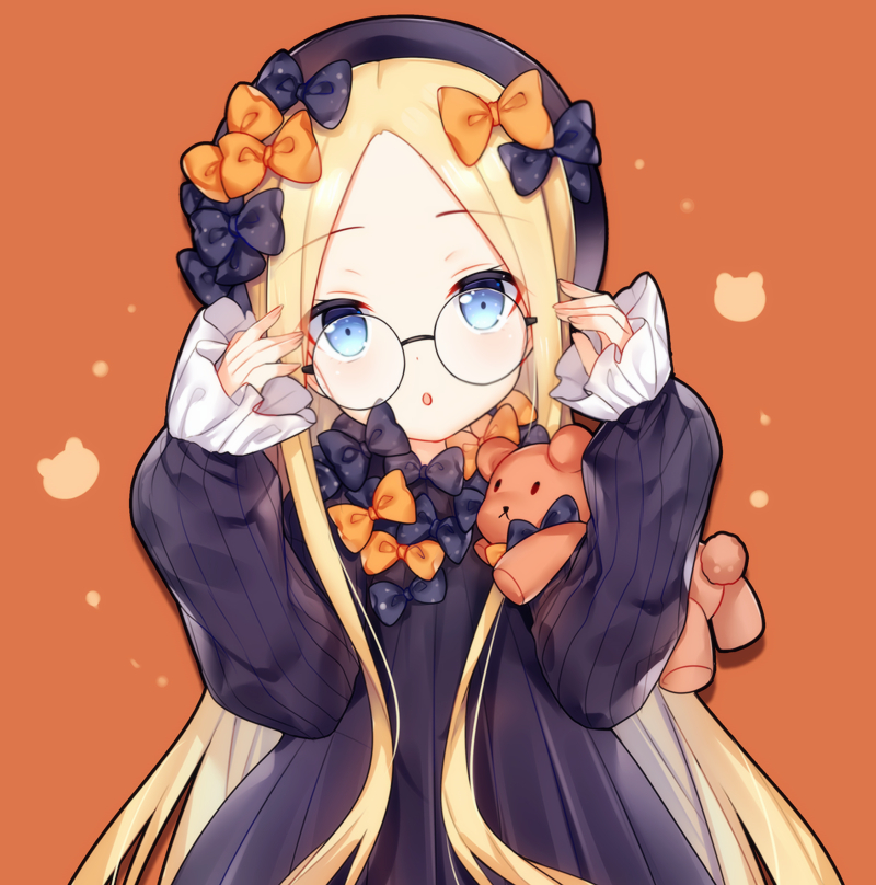 1girl :o abigail_williams_(fate/grand_order) arms_up bangs black-framed_eyewear black_bow black_dress black_hat blonde_hair blue_eyes blush bow bug butterfly commentary_request dress eyebrows_visible_through_hair fate/grand_order fate_(series) fingernails forehead glasses hair_bow hat head_tilt insect long_hair long_sleeves looking_at_viewer orange_background orange_bow parted_bangs parted_lips polka_dot polka_dot_bow round_eyewear sleeves_past_wrists solo stuffed_animal stuffed_toy teddy_bear tengxiang_lingnai upper_body very_long_hair