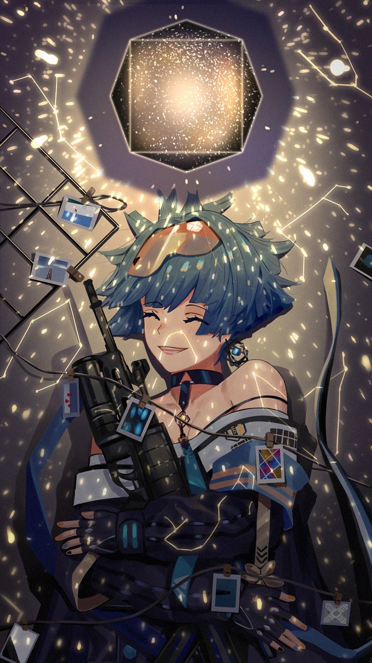 1girl ahoge bangs bare_shoulders blue_hair blush choker collarbone commentary_request dress earrings eyes_closed eyewear_on_head fingerless_gloves girls_frontline gloves goggles goggles_on_head hair_ornament highres holding holding_weapon jewelry open_mouth photo_(object) ribbon short_hair smile solo sparks tsuaaa weapon wire zas_m21_(girls_frontline)