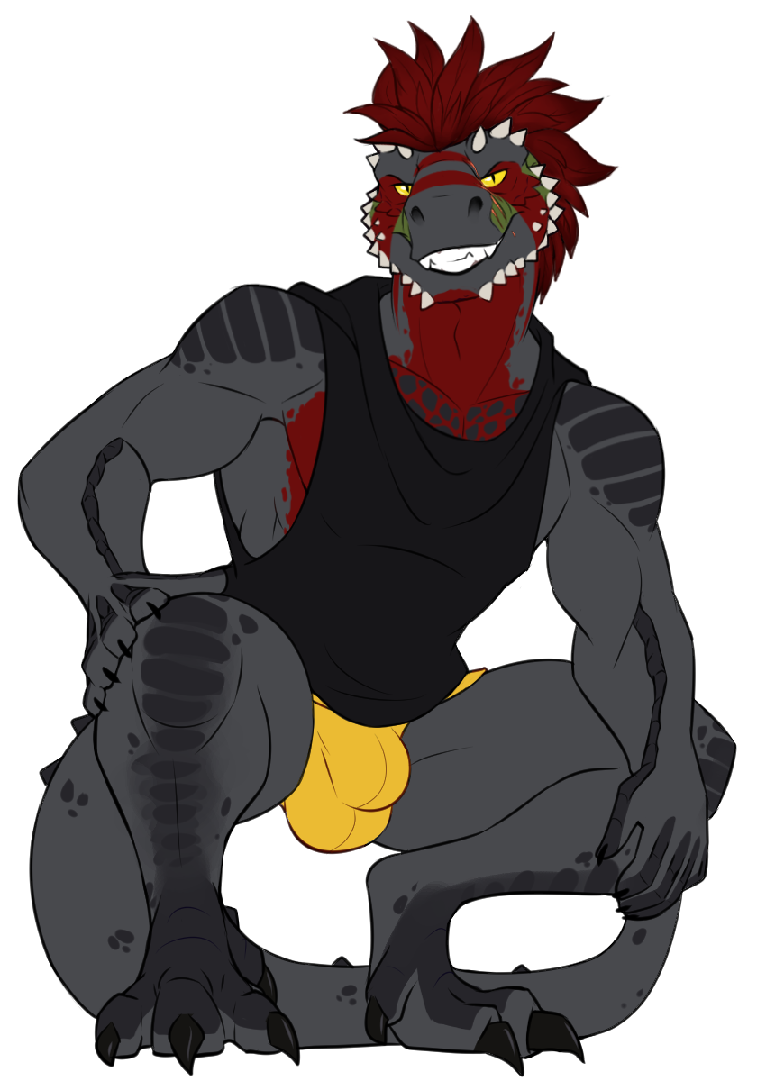 alpha_channel anthro bulge clothing crouching dinosaur fcsimba grin hair looking_at_viewer male mohawk muscular muscular_male penis_outline red_hair shirt smile solo tagg tank_top theropod tyrannosaurus_rex underwear yellow_eyes
