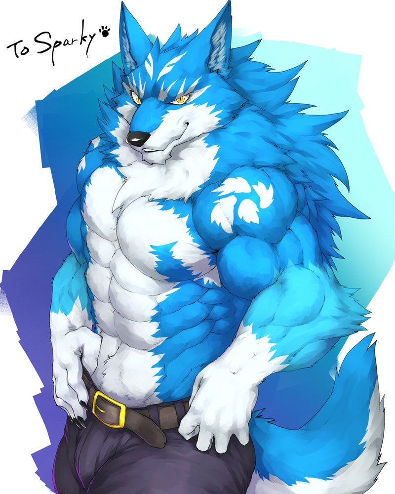 abs anthro belt biceps big_muscles black_nose canine captainjohkid claws clothed clothing digital_media_(artwork) fur hi_res male mammal muscular muscular_male pecs standing topless wolf