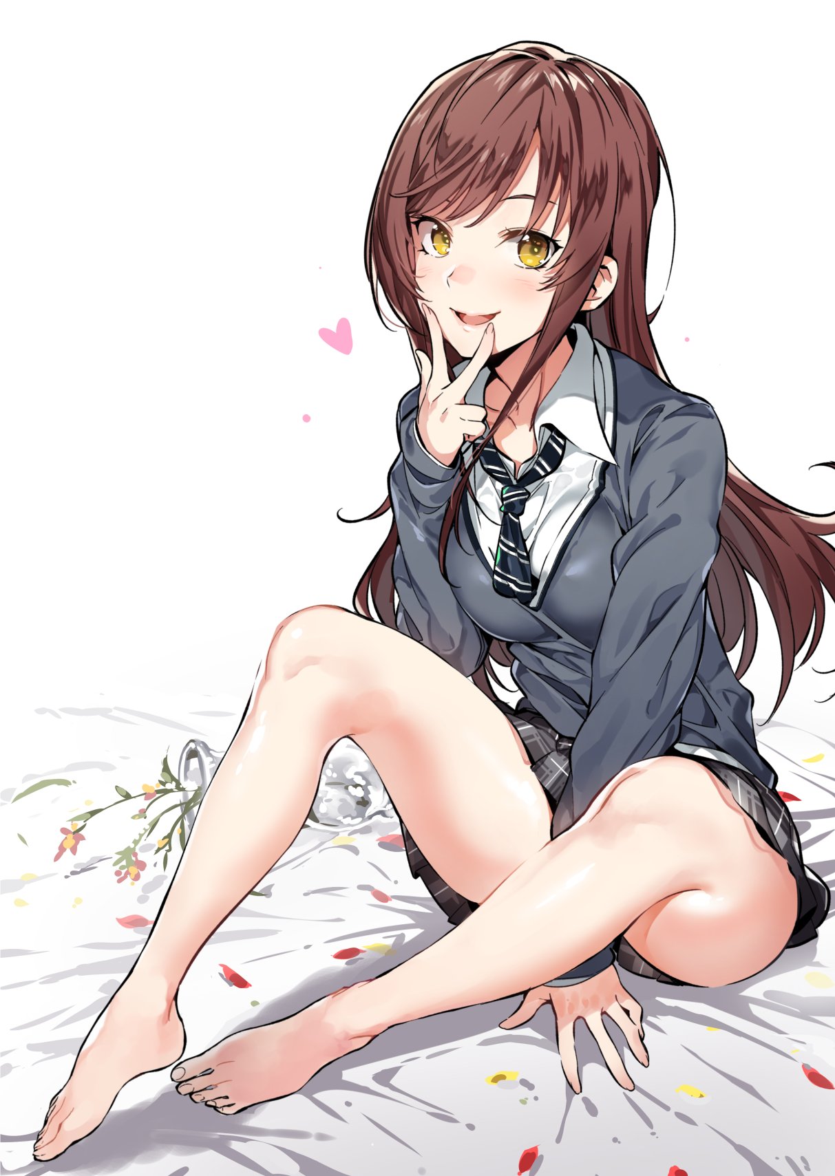 bangs bare_legs barefoot black_neckwear blush brown_hair cardigan commentary eyebrows_visible_through_hair feet flower heart highres idolmaster idolmaster_shiny_colors long_hair long_sleeves looking_at_viewer necktie oosaki_amana open_mouth plaid plaid_skirt pleated_skirt school_uniform sitting skirt sleeves_past_wrists smile solo striped striped_neckwear toes v vase yellow_eyes yuran